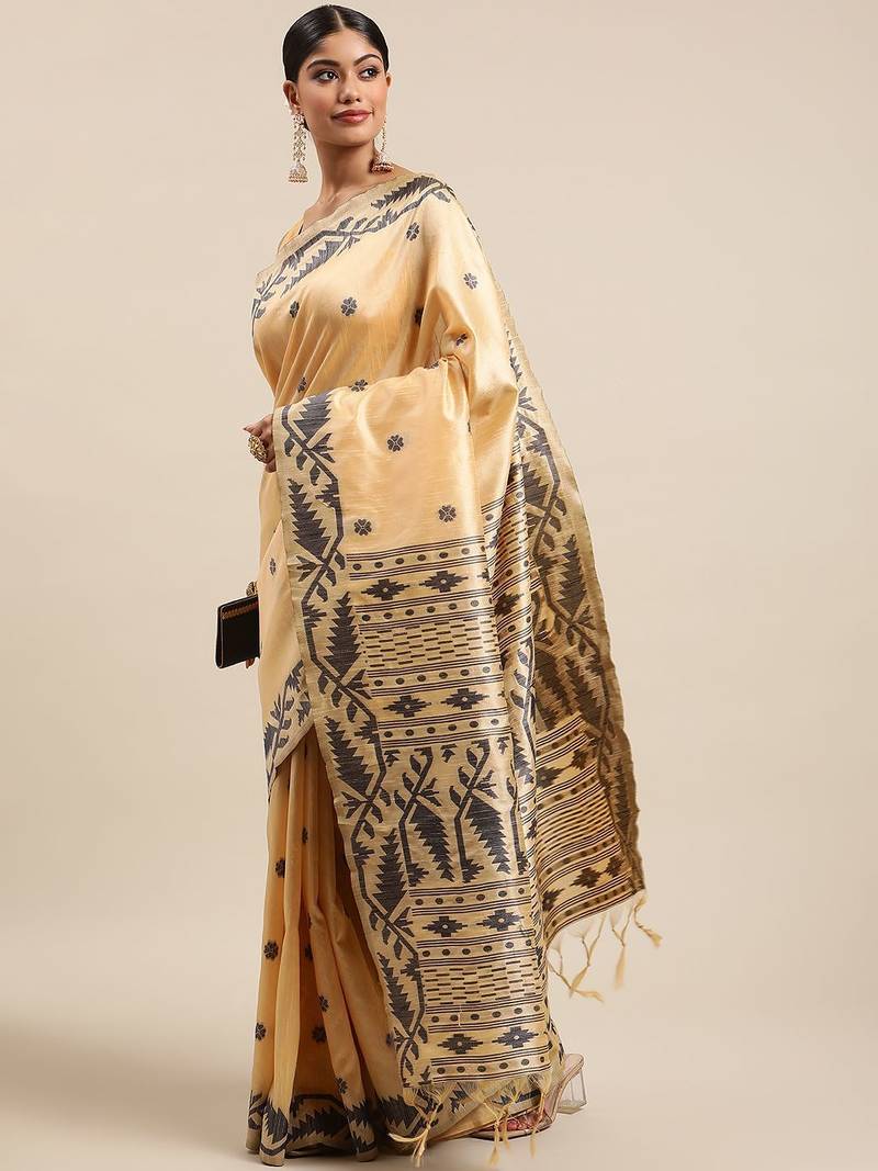 Beige & Black Ethnic Motifs Bhagalpuri Saree
