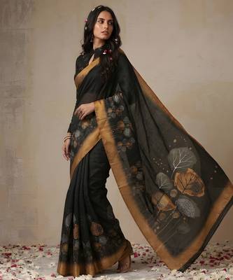 black color golden cotton blend designer printed stylish girlie saree 5