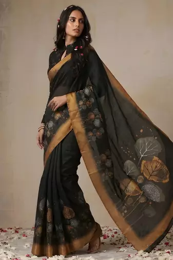 black color golden cotton blend designer printed stylish girlie saree