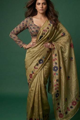 olive color silver cotton blend designer printed stylish girlie saree