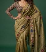 olive color silver cotton blend designer printed stylish girlie saree