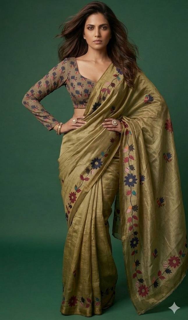 olive color silver cotton blend designer printed stylish girlie saree