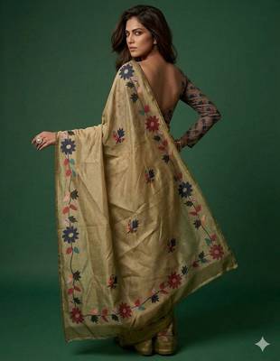olive color silver cotton blend designer printed stylish girlie saree 2