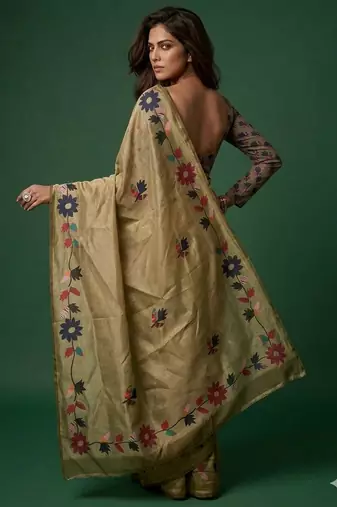 olive color silver cotton blend designer printed stylish girlie saree