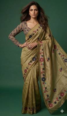 olive color silver cotton blend designer printed stylish girlie saree 4