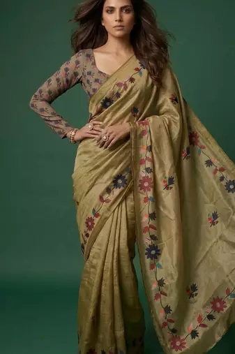 olive color silver cotton blend designer printed stylish girlie saree