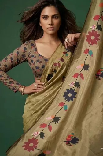 olive color silver cotton blend designer printed stylish girlie saree