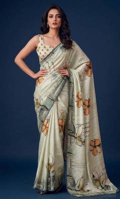 beige color silver silk blend designer printed stylish girlie saree 1
