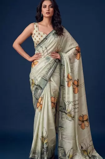 beige color silver silk blend designer printed stylish girlie saree