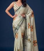 beige color silver silk blend designer printed stylish girlie saree