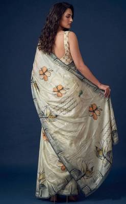 beige color silver silk blend designer printed stylish girlie saree 2