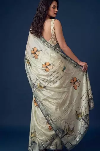 beige color silver silk blend designer printed stylish girlie saree