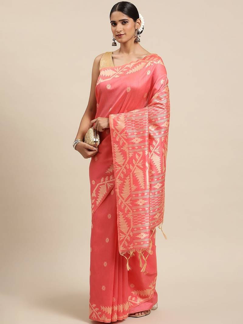 Peach-Coloured & Beige Ethnic Motifs Saree