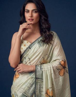 beige color silver silk blend designer printed stylish girlie saree 3