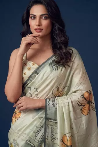 beige color silver silk blend designer printed stylish girlie saree