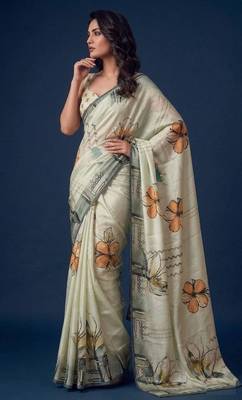 beige color silver silk blend designer printed stylish girlie saree 4