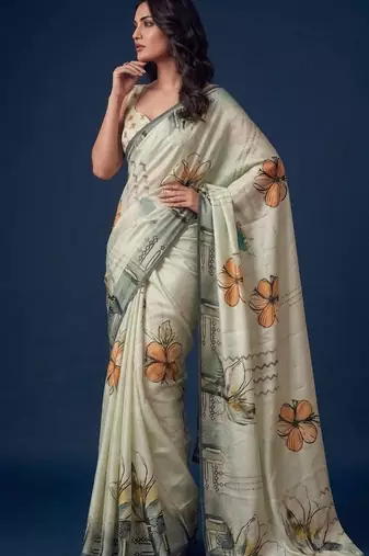 beige color silver silk blend designer printed stylish girlie saree