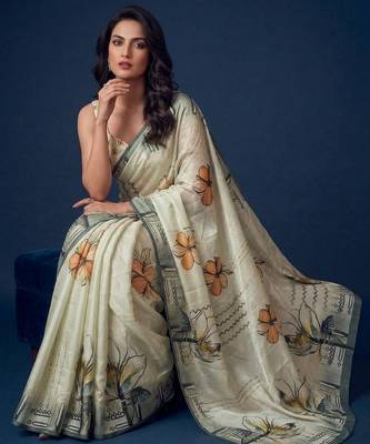 beige color silver silk blend designer printed stylish girlie saree 5