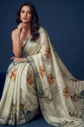 beige color silver silk blend designer printed stylish girlie saree