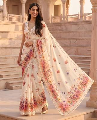 cream color silver cotton blend designer printed stylish girlie saree 1