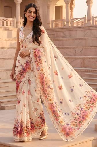 cream color silver cotton blend designer printed stylish girlie saree