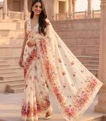 cream color silver cotton blend designer printed stylish girlie saree