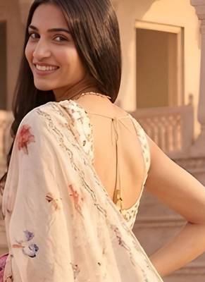 cream color silver cotton blend designer printed stylish girlie saree 2