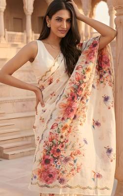 cream color silver cotton blend designer printed stylish girlie saree 3