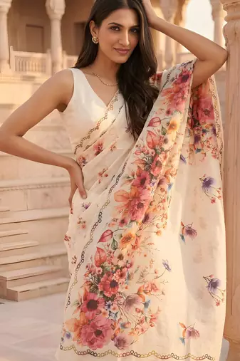 cream color silver cotton blend designer printed stylish girlie saree