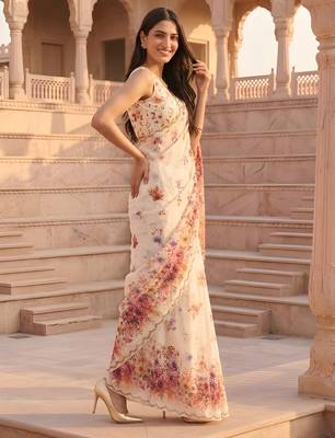 cream color silver cotton blend designer printed stylish girlie saree 4