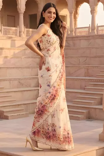 cream color silver cotton blend designer printed stylish girlie saree