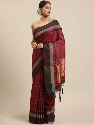Maroon & Brown Checked Zari Banarasi Saree 1