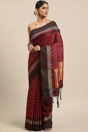 Maroon & Brown Checked Zari Banarasi Saree