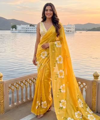 yellow color silver cotton blend designer printed stylish girlie saree 1