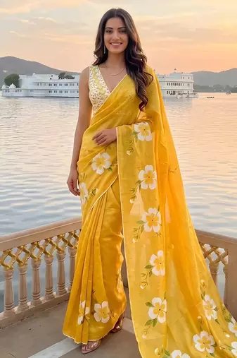 yellow color silver cotton blend designer printed stylish girlie saree