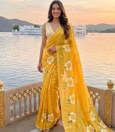 yellow color silver cotton blend designer printed stylish girlie saree