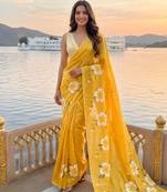 yellow color silver cotton blend designer printed stylish girlie saree