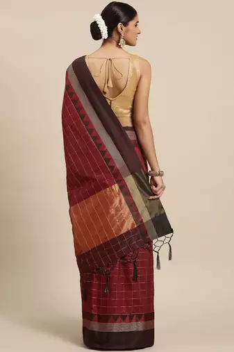 Maroon & Brown Checked Zari Banarasi Saree