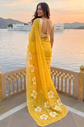 yellow color silver cotton blend designer printed stylish girlie saree