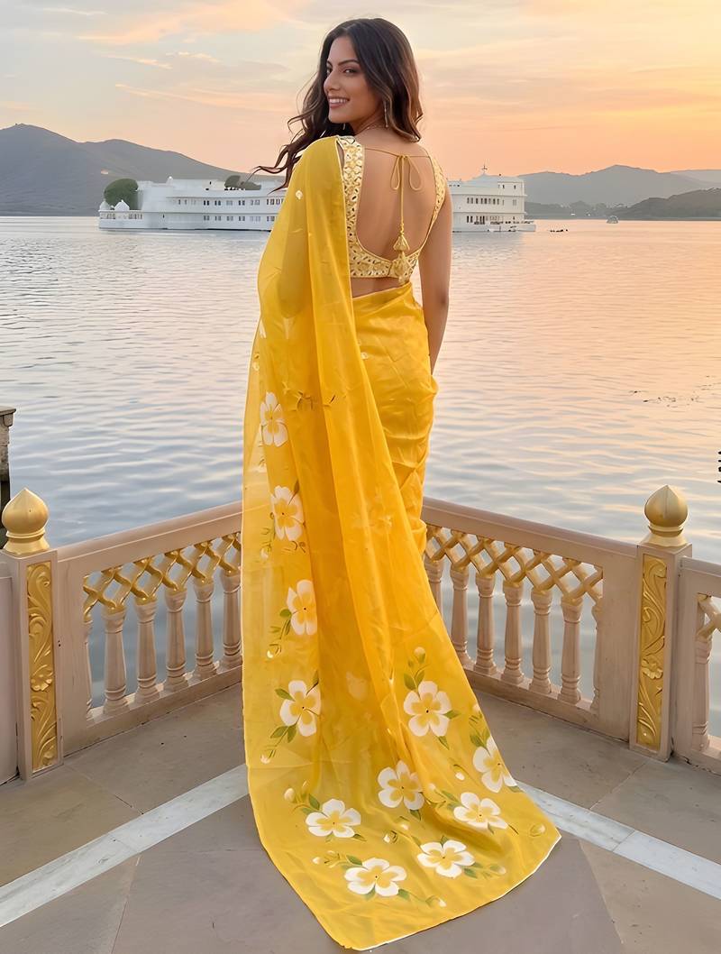 yellow color silver cotton blend designer printed stylish girlie saree