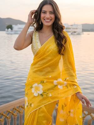 yellow color silver cotton blend designer printed stylish girlie saree 3