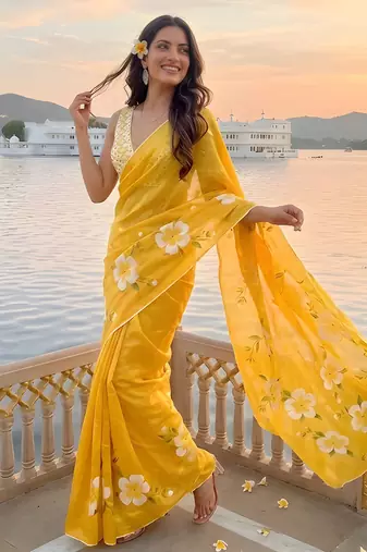 yellow color silver cotton blend designer printed stylish girlie saree