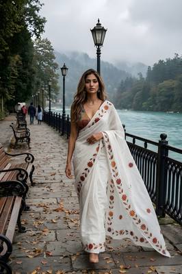 white color silver cotton blend designer printed stylish girlie saree 1
