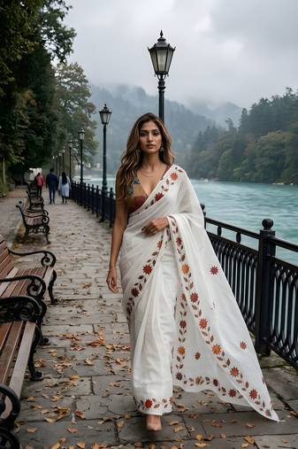 white color silver cotton blend designer printed stylish girlie saree