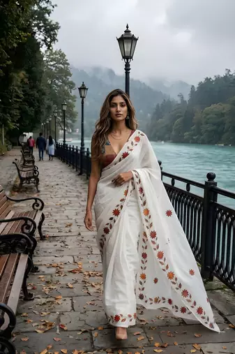 white color silver cotton blend designer printed stylish girlie saree