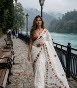 white color silver cotton blend designer printed stylish girlie saree