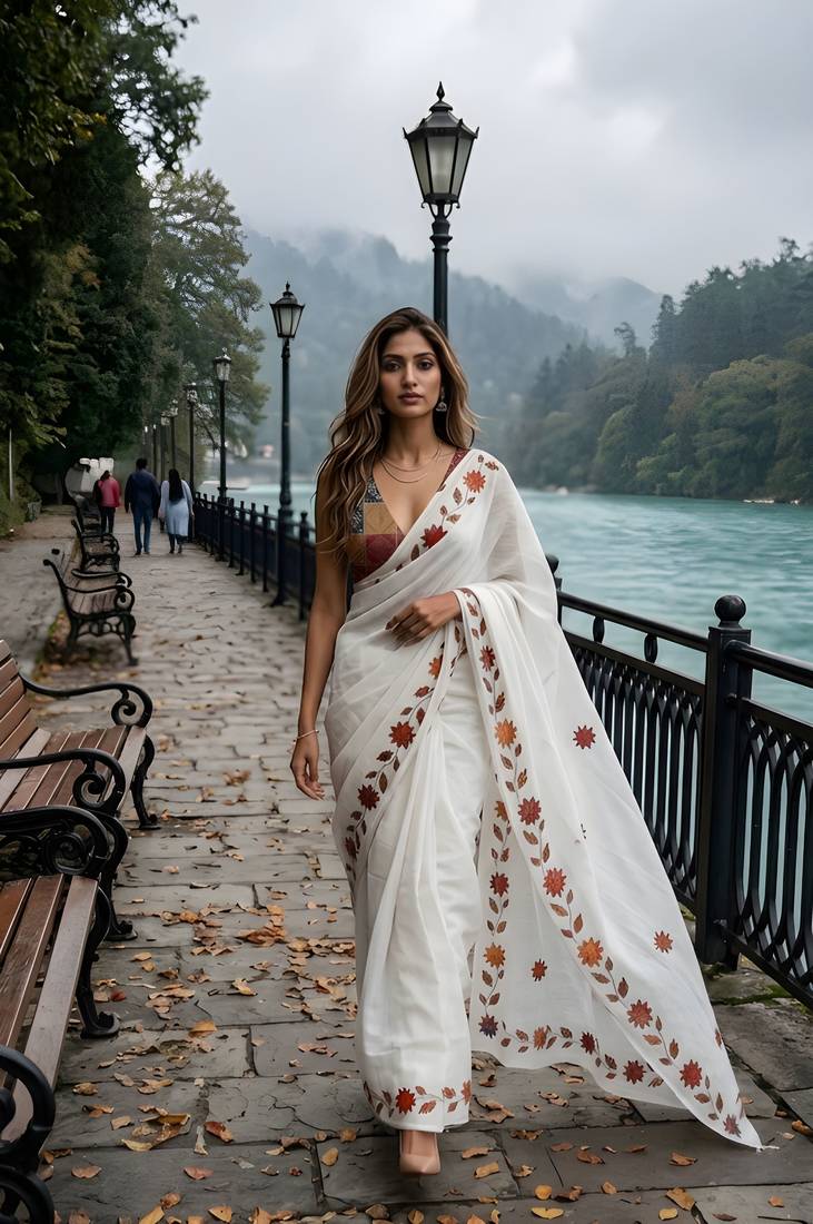 white color silver cotton blend designer printed stylish girlie saree