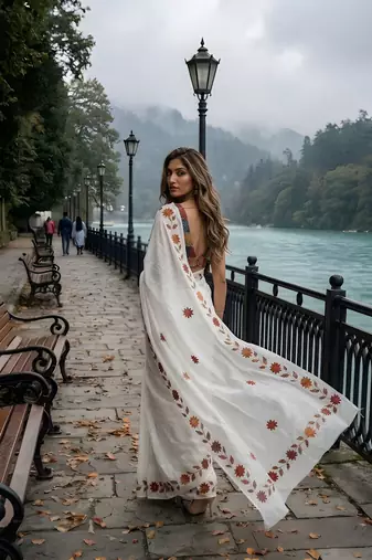 white color silver cotton blend designer printed stylish girlie saree