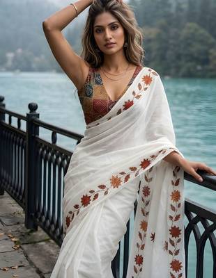 white color silver cotton blend designer printed stylish girlie saree 3