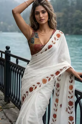 white color silver cotton blend designer printed stylish girlie saree